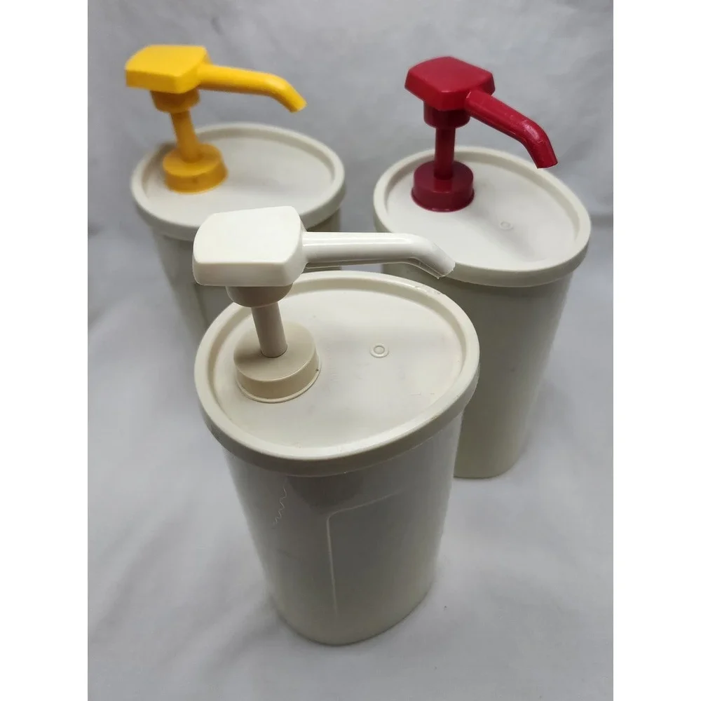 Vintage Tupperware Condiment Pump Dispensers Set of 3 Almond Red Yellow 640-21